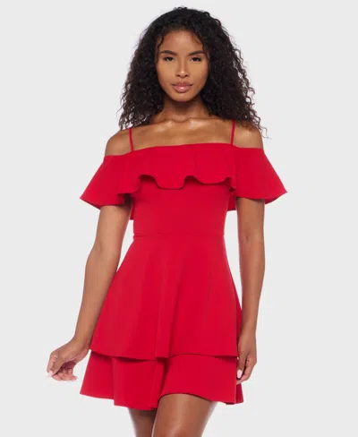 B Darlin Juniors' Ruffled Off-the-shoulder Dress In Red