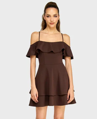B Darlin Juniors' Ruffled Off-the-shoulder Dress In Brown