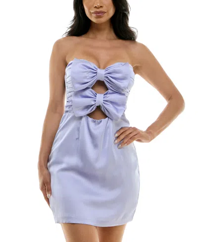 B Darlin Juniors' Satin Bow-front Strapless Mini Dress In Lilac