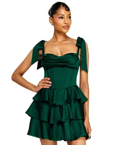 B Darlin Juniors' Satin Corset Tiered Dress In Green