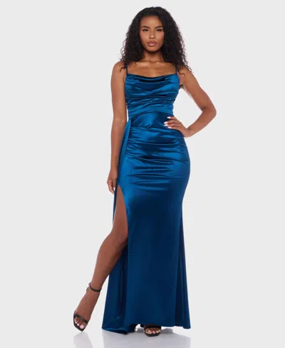 B Darlin Juniors' Satin Cowlneck Gown In Blue