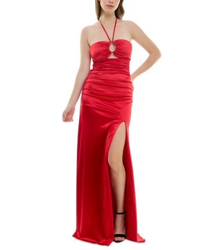 B Darlin Juniors' Satin Keyhole Halter Gown In Red