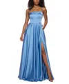 B Darlin Juniors' Satin Square-neck Sleeveless Gown In Blue