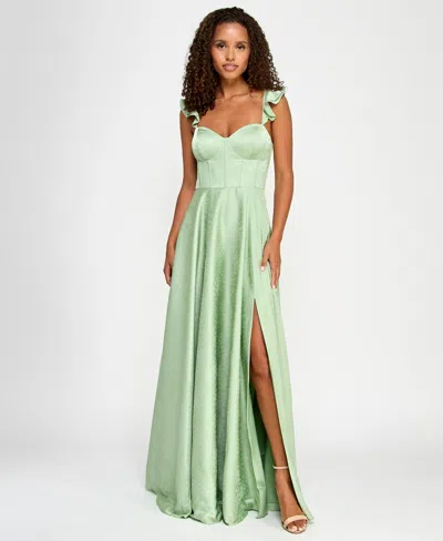 B Darlin Juniors' Satin Sweetheart Ruffle-strap Gown, Created For Macy's In Sage