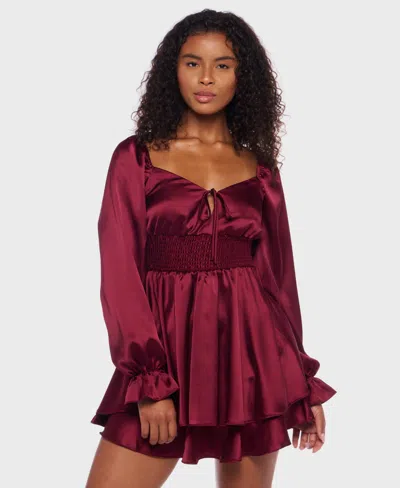 B Darlin Juniors' Satin Tie-neck Smocked-waist Dress In Burgundy