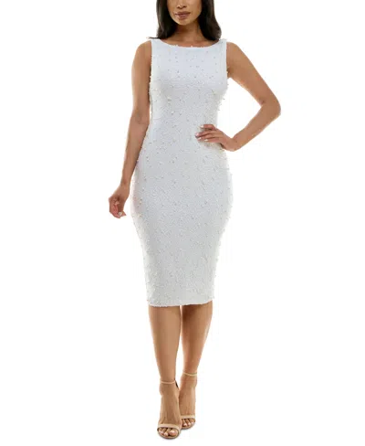 B Darlin Juniors' Scoop-neck Imitation Pearl-trim Sequin Bodycon Dress In Off White Pearl