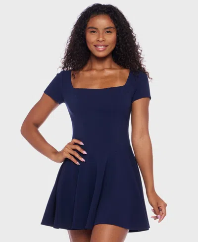B Darlin Juniors' Scuba Crepe Square-neck Fit & Flare Dress In Blue