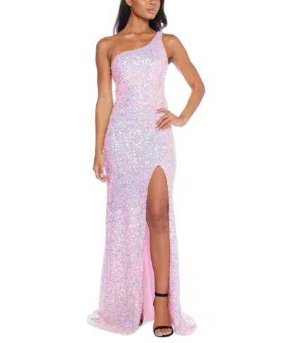 B Darlin Juniors' Sequin One-shoulder Side-slit Gown In Pink,iridescent