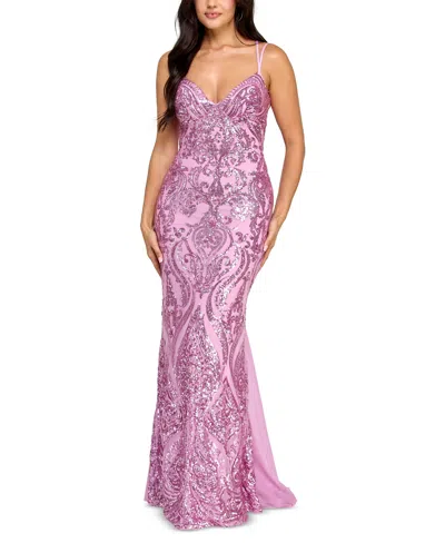 B Darlin Juniors' Sequin-pattern Floor-sweeping Gown In Dark Mauve