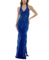B Darlin Juniors' Sequined Halter V-neck Open-back Gown In Elect Blue,elect Blue