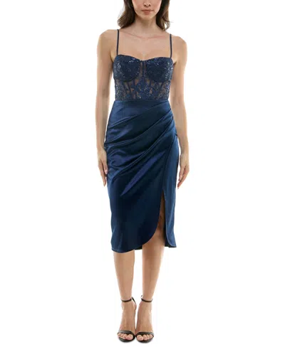 B Darlin Juniors' Sequined Lace Corset Midi Dress In Dark Navy