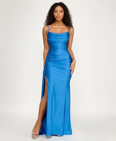 B Darlin Juniors' Sleeveless Cowl Neck Shiny Knit Gown In Blue