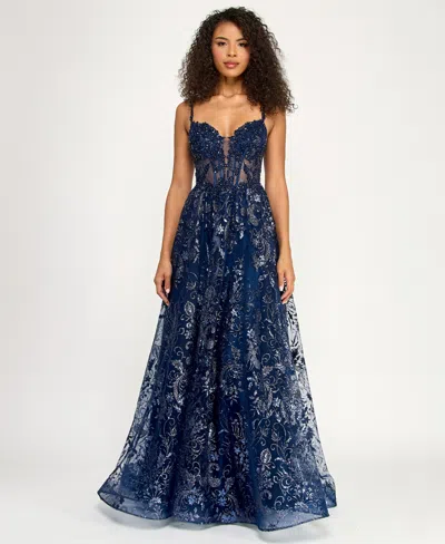 B Darlin Juniors' Sleeveless Illusion Bodice Gown In Blue