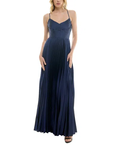 B Darlin Juniors' Sleeveless Pleated Open-back Gown In Navy