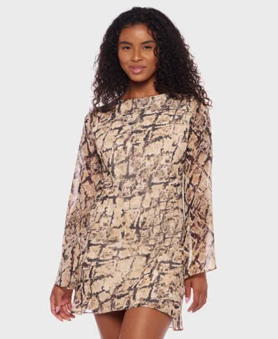 B Darlin Juniors' Snake-print Tie-back Long-sleeve Short Dress In Brown