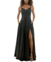 B Darlin Juniors' Spaghetti-strap Jacquard Gown In Black