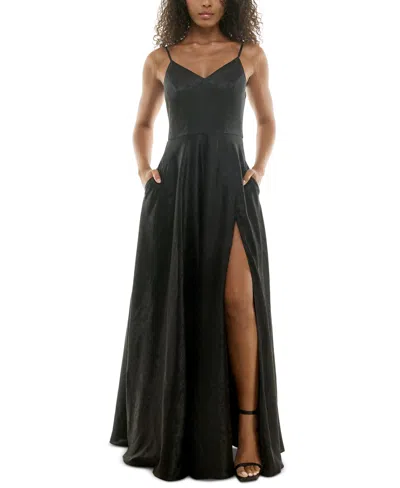 B Darlin Juniors' Spaghetti-strap Jacquard Gown In Black