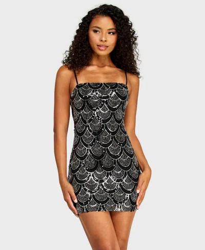 B Darlin Juniors' Square Neck Beaded Detail Chiffon Back-tie Sequin Dress In Black