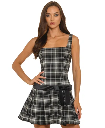 B Darlin Juniors' Square Neck Drop-waist Contrast Bow Detail Dress In Black,white,black