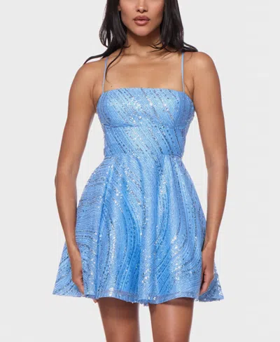 B Darlin Juniors' Straight Neck Sequin Empire Waist Glitter Dress In Blue