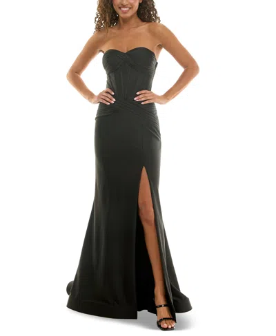 B Darlin Juniors' Strapless Corset High-slit Evening Gown In Black