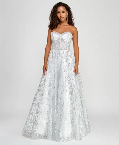 B Darlin Juniors' Strapless Glitter Mesh Ball Gown In Off White,silver