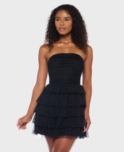 B Darlin Juniors' Strapless Side-shirred Tiered Glitter Mini Dress In Black