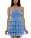 B Darlin Juniors' Strapless Side-shirred Tiered Glitter Mini Dress In Denim