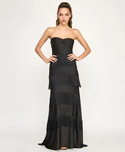 B Darlin Juniors' Strapless Tiered Gown In Black