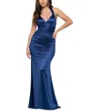 B Darlin Juniors' Strappy-back Satin Gown, Created For Macy's In Blue