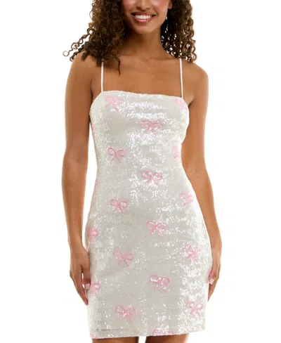 B Darlin Juniors' Strappy Sequin Bow Mini Dress In Off White,pink