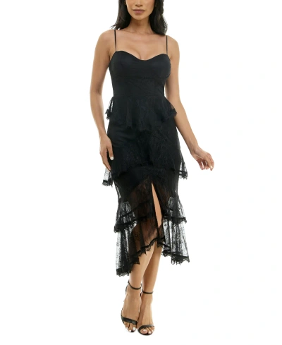 B Darlin Juniors' Sweetheart Corset Tiered-lace Dress In Black,black