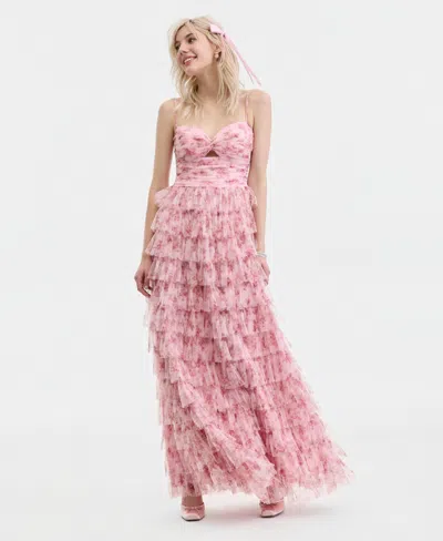 B Darlin Juniors Sweetheart Floral Print Ruffle Gown With Twist Front Bodice In Blush Multi