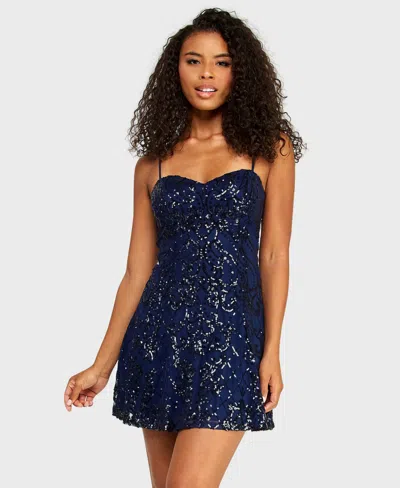 B Darlin Juniors' Sweetheart Neck Chiffon Back Tie Pattern Sequin Dress In Blue