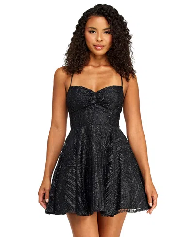 B Darlin Juniors' Sweetheart Neck Glitter Mesh Lace-up Back Dress In Black