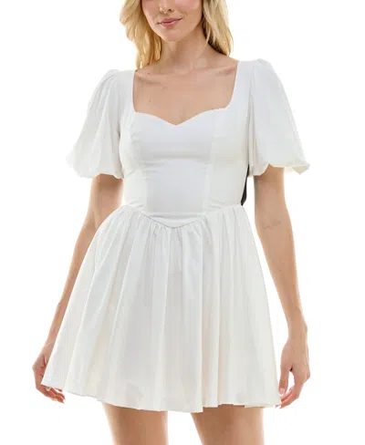 B Darlin Juniors' Sweetheart-neck Puff-sleeve Fit & Flare Dress In White,blk
