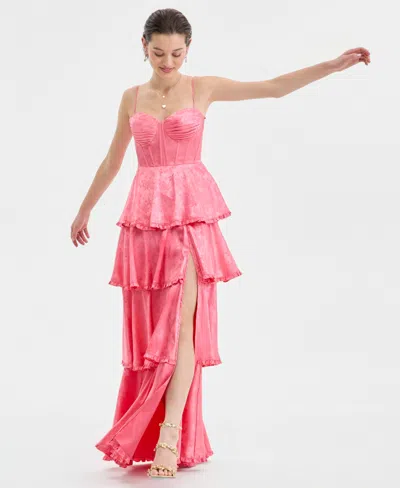 B Darlin Juniors' Sweetheart-neck Tiered Slit-front Gown In Pink