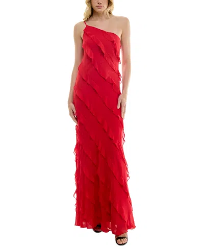 B Darlin Juniors' Tiered Ruffled One-shoulder Gown In Red