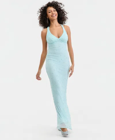 B Darlin Juniors' V-neck Low-back Bead-embellished Gown In Blue