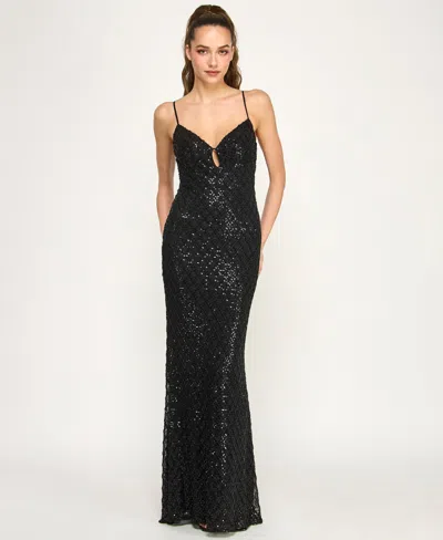 B Darlin Juniors' V-neck Sequin Gown In Black