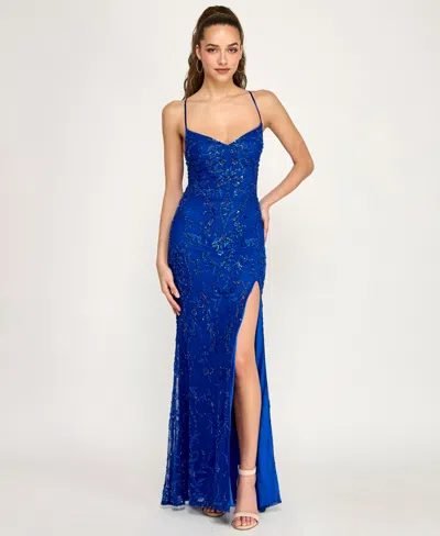 B Darlin Juniors' V-neck Side Slit Gown In Blue