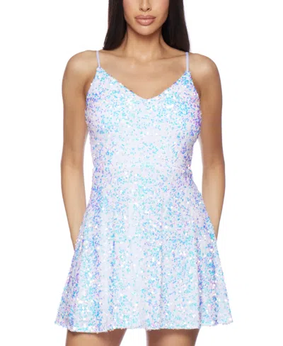 B Darlin Juniors' V-neck Sphaghetti-strap A-line Sequin Dress In Ofw,ir,ofw