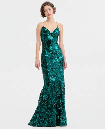 B Darlin Juniors' V-neck Strappy Sequin Mermaid Gown In Green