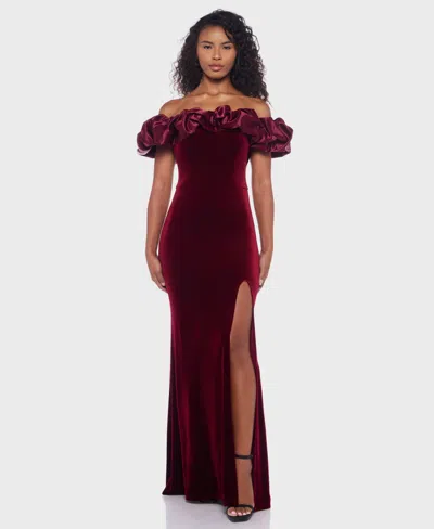 B Darlin Juniors' Velvet Ruffled Off-the-shoulder Gown In Burgundy