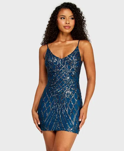 B Darlin Juniors' V-neck Pattern Sequin Spaghetti Straps Dress In Blue