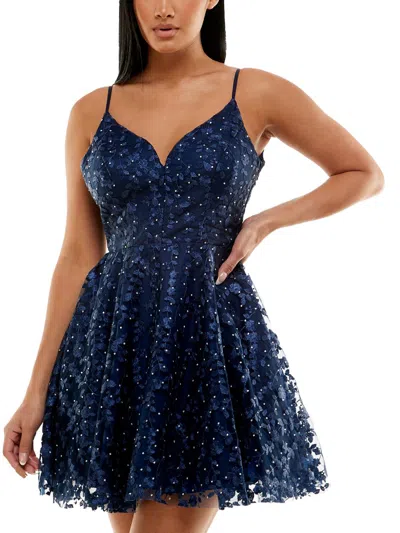 B Darlin Juniors Womens Embroidered Embellished Fit & Flare Dress In Blue