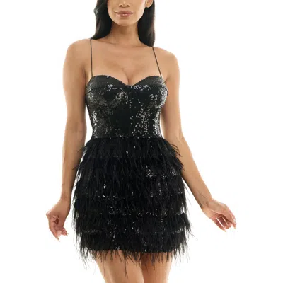 B Darlin Juniors Womens Feather Trim Mini Fit & Flare Dress In Black