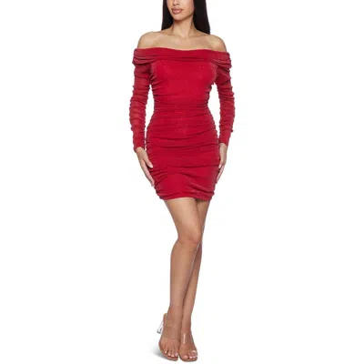 B Darlin Juniors' Off-the-shoulder Long-sleeve Bodycon Dress In Red,sil