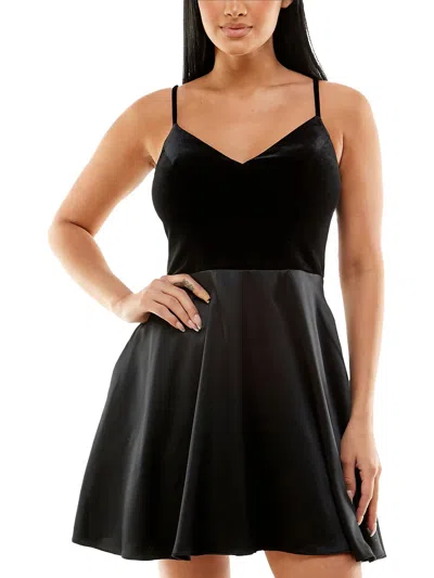B Darlin Juniors Womens Mixed Media V-neck Mini Dress In Black