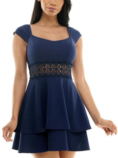 B Darlin Juniors Womens Mini Lace-trim Fit & Flare Dress In Blue